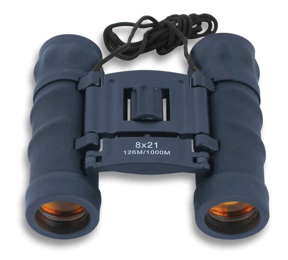 Binocular with ruby lenses, black nylon case and dimensions of 8 x 21