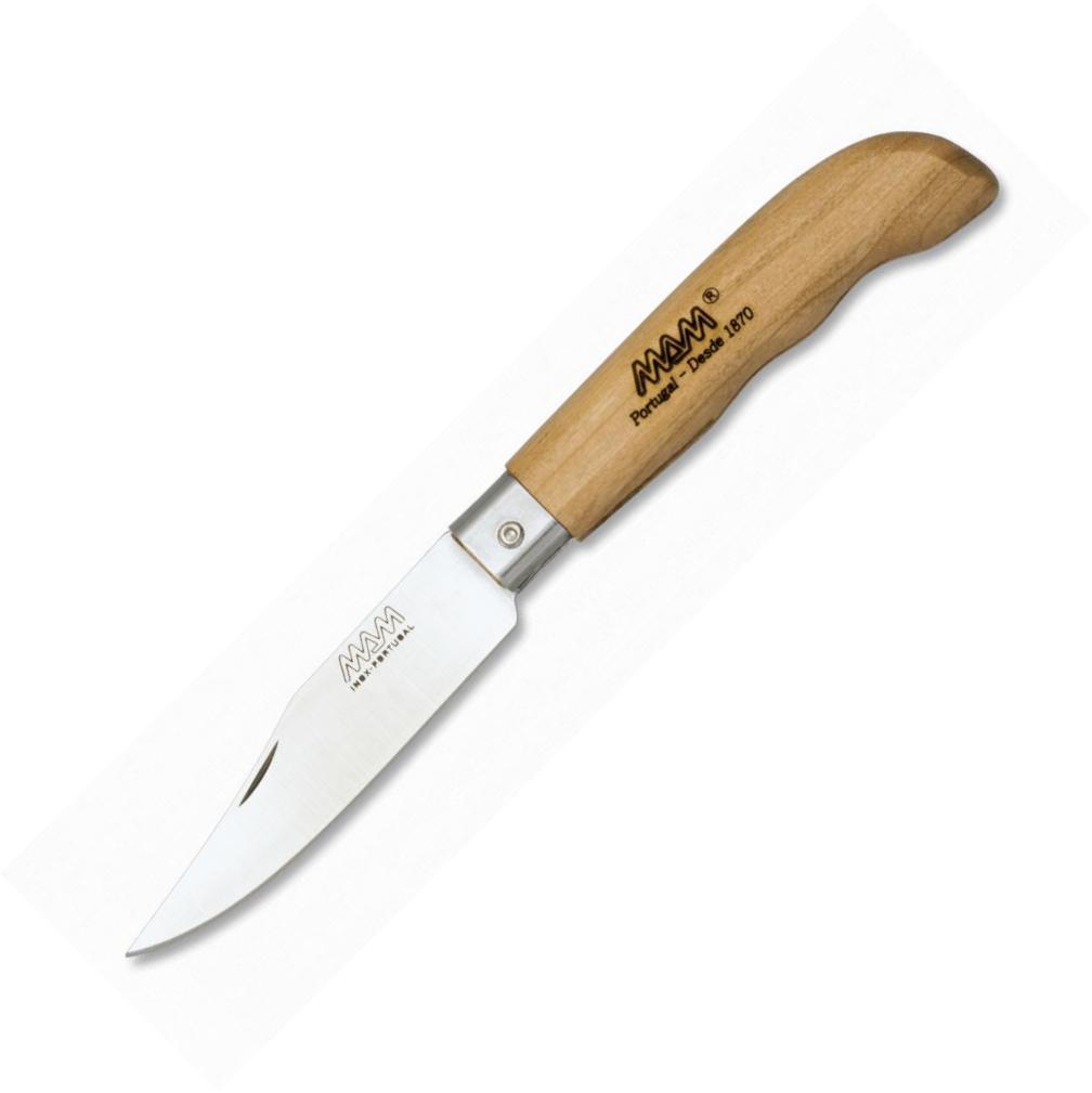 MAM nonblocking folding knife with wooden scales, steel bolster and 8.