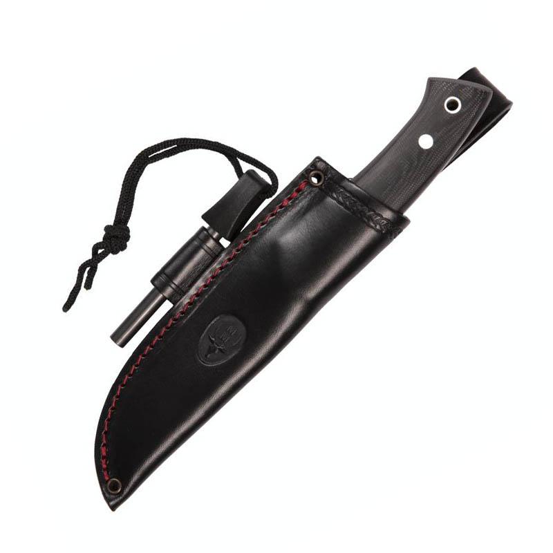 Faca de caça Muela Viking com cabo de micarta preta e bainha de couro com ferrocério