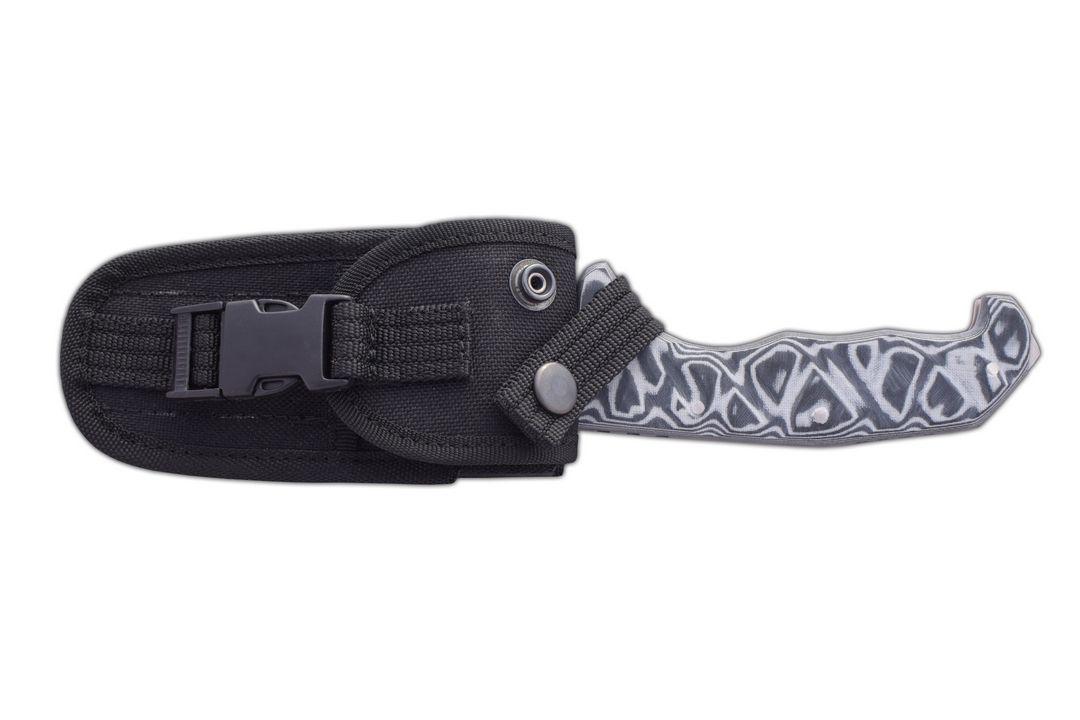 Couteau de poche bushcraft JV Raptor avec lame tracker et manche micarta gris fourreau cordura multiposition