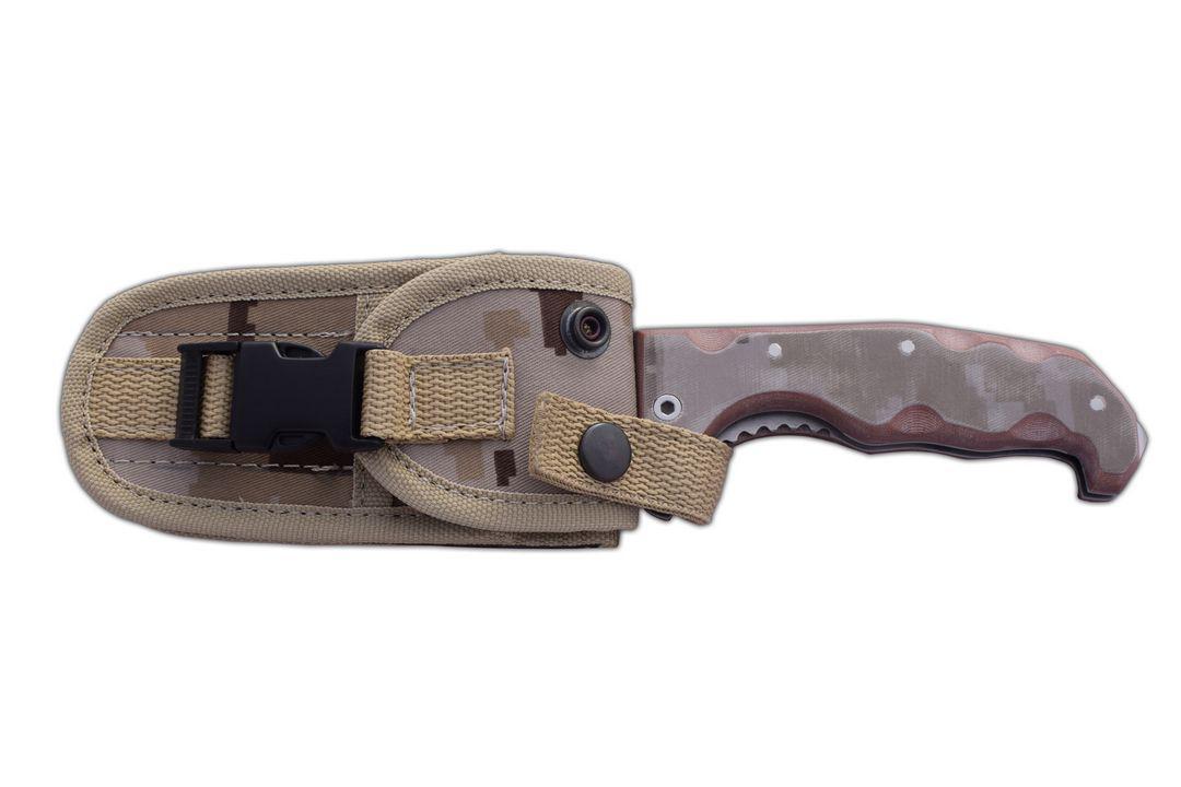 Couteau de poche bushcraft JV Raptor avec lame tracker et manche micarta camo fourreau cordura multiposition
