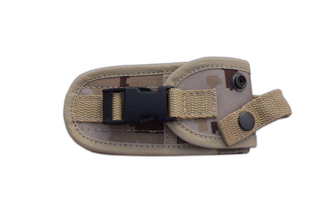 Couteau de poche bushcraft JV Raptor avec lame tracker et manche micarta camo fourreau cordura multiposition