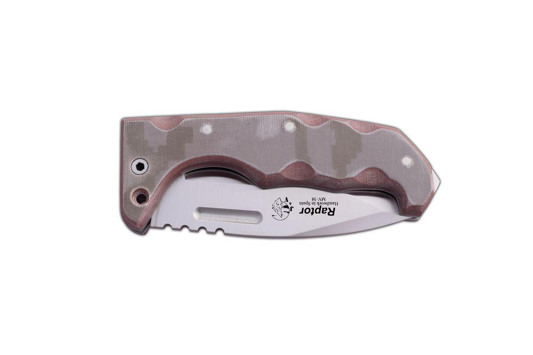 Couteau de poche bushcraft JV Raptor avec lame tracker et manche micarta camo fourreau cordura multiposition