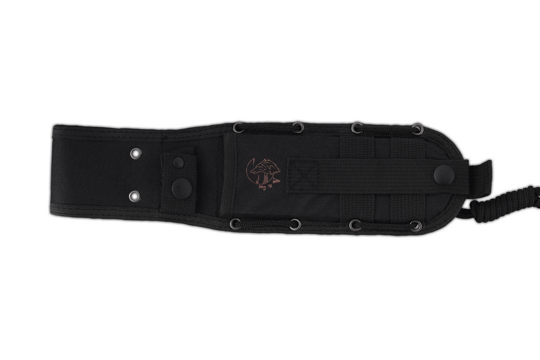 Faca bushcraft JV Chacal com cabo de micarta preto e lâmina preta com bainha de cordura