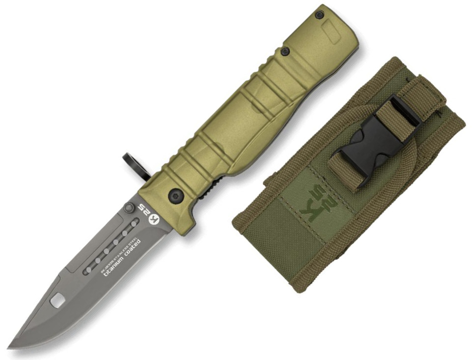 Coltello a baionetta K25 con manico in alluminio gommato verde e ...