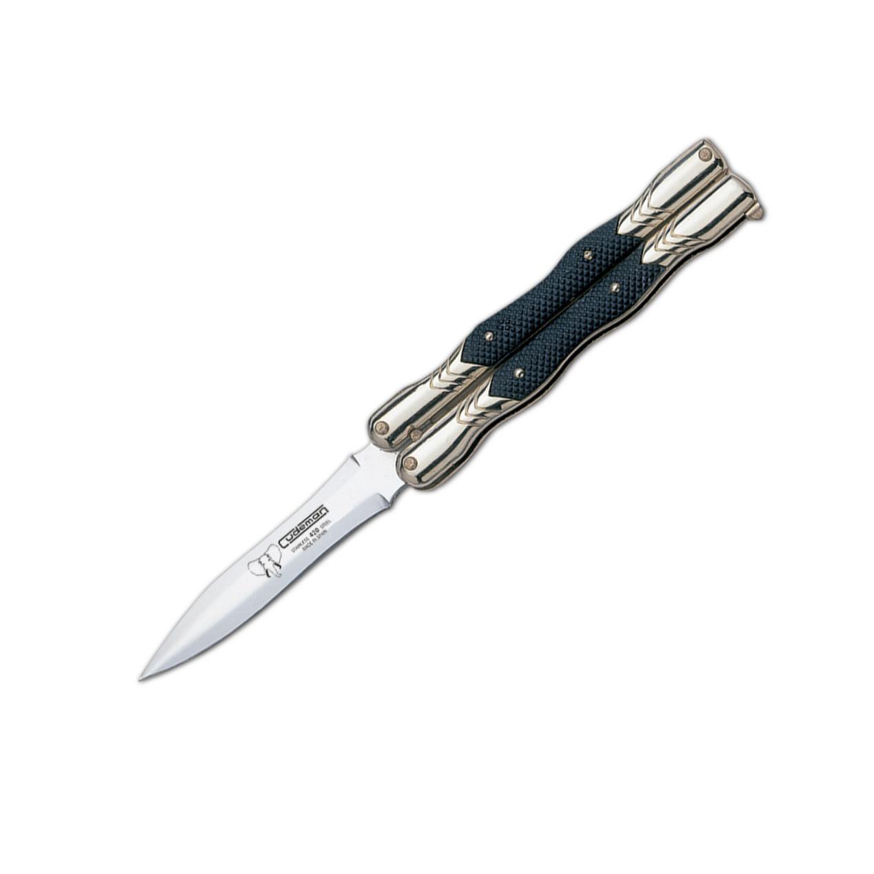 Cudeman Butterfly-Taschenmesser. Schwarzer ABS-Griff. 8,5 cm. Gol...