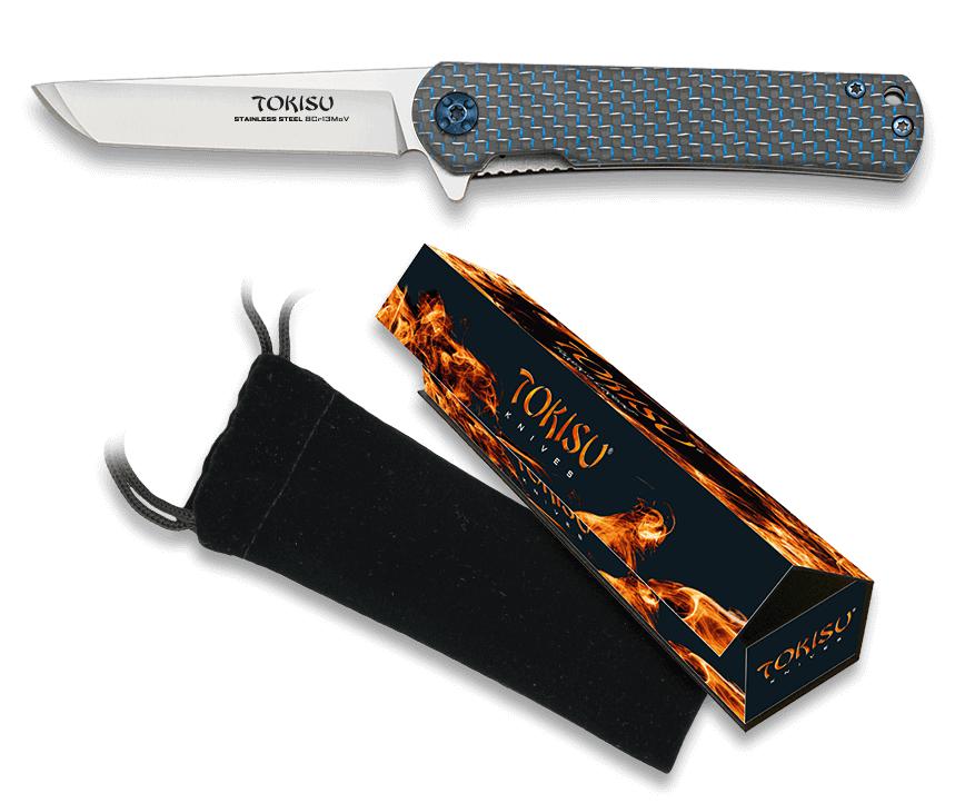 TOKISU penknife, with 7.20 cm blade and G10 handle and Blue Carbo...
