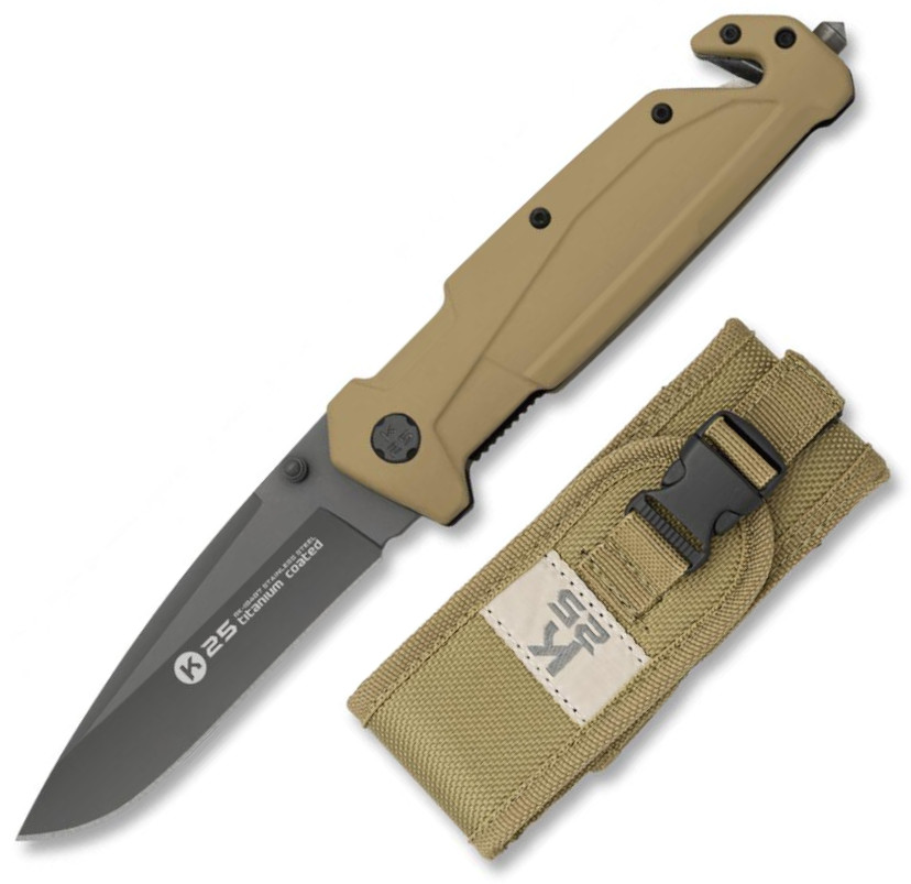 Coltello tascabile K25 con manico in gomma TAN e lama rivestita i...