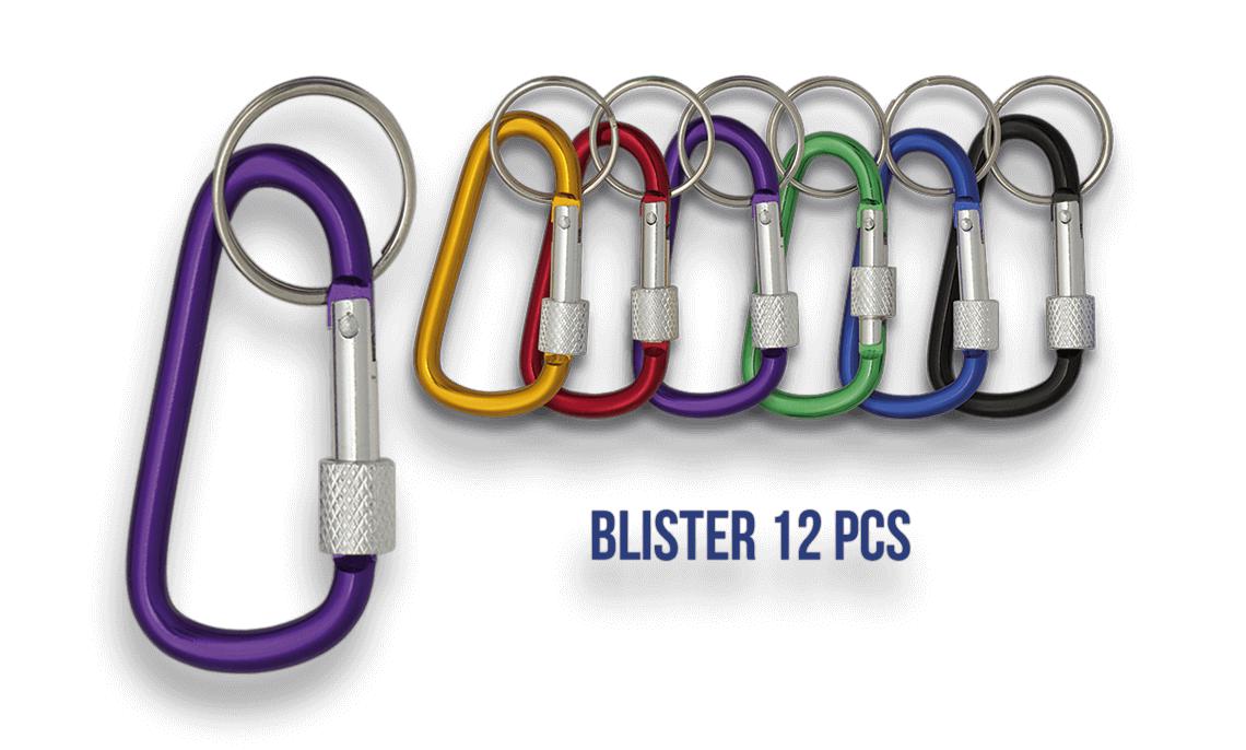 Mousquetons en blister de 12 unités de couleurs assorties de 6 cm...