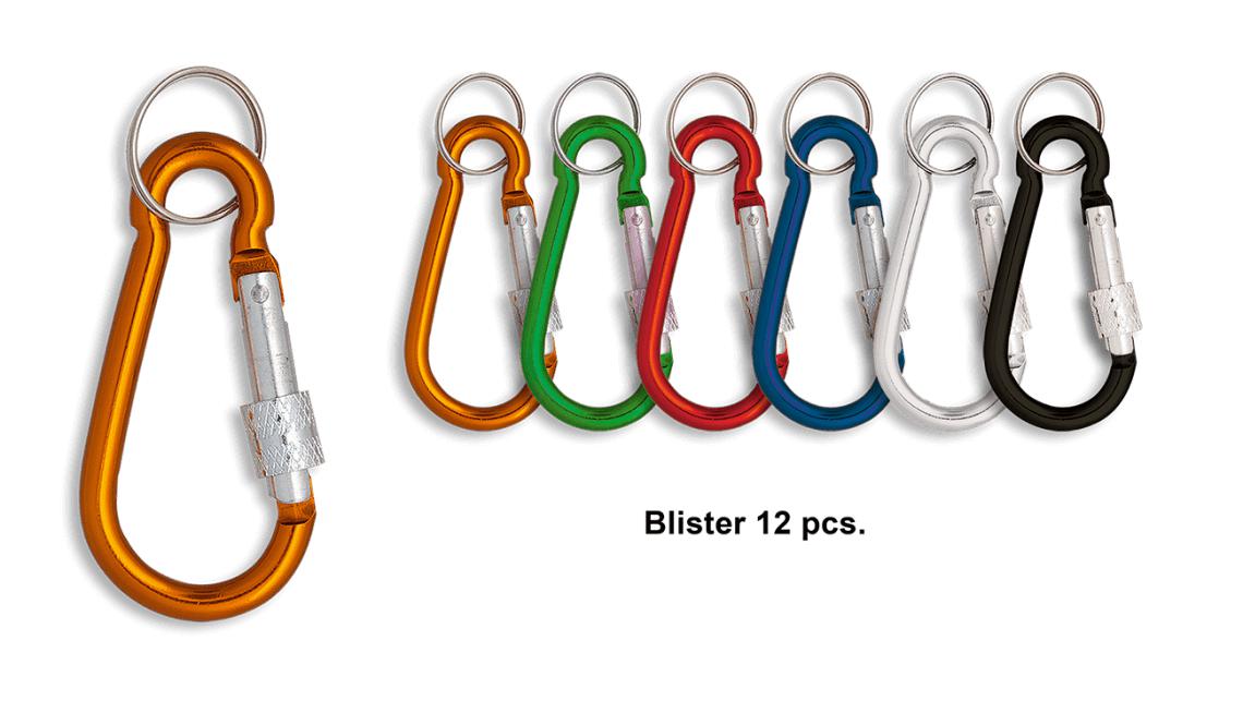 Mousquetons colorés de 7,5 cm présentés en blister de 12 unités