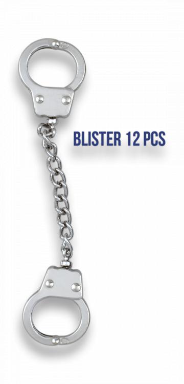 Petites menottes en zamak de 14 cm de long présentées sous bliste...