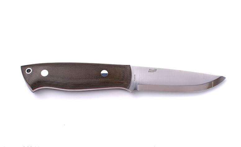 Coltello Bushcraft Brisa Trapper 95 scandi con manico in micarta verde e fodero bushcraft con selce