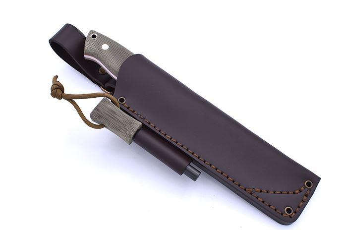 Hunting knife Brisa Nessmuk 125 green micarta and leather sheath with flint