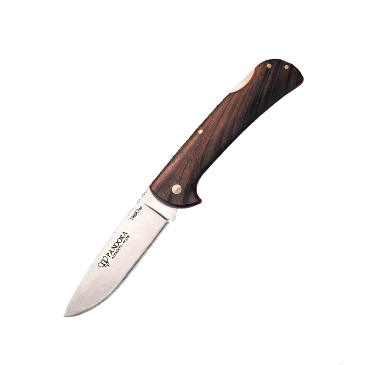 Cudeman Pandora pocket knife with walnut wood handle and Böhler N690Co steel with brown leather sheath
