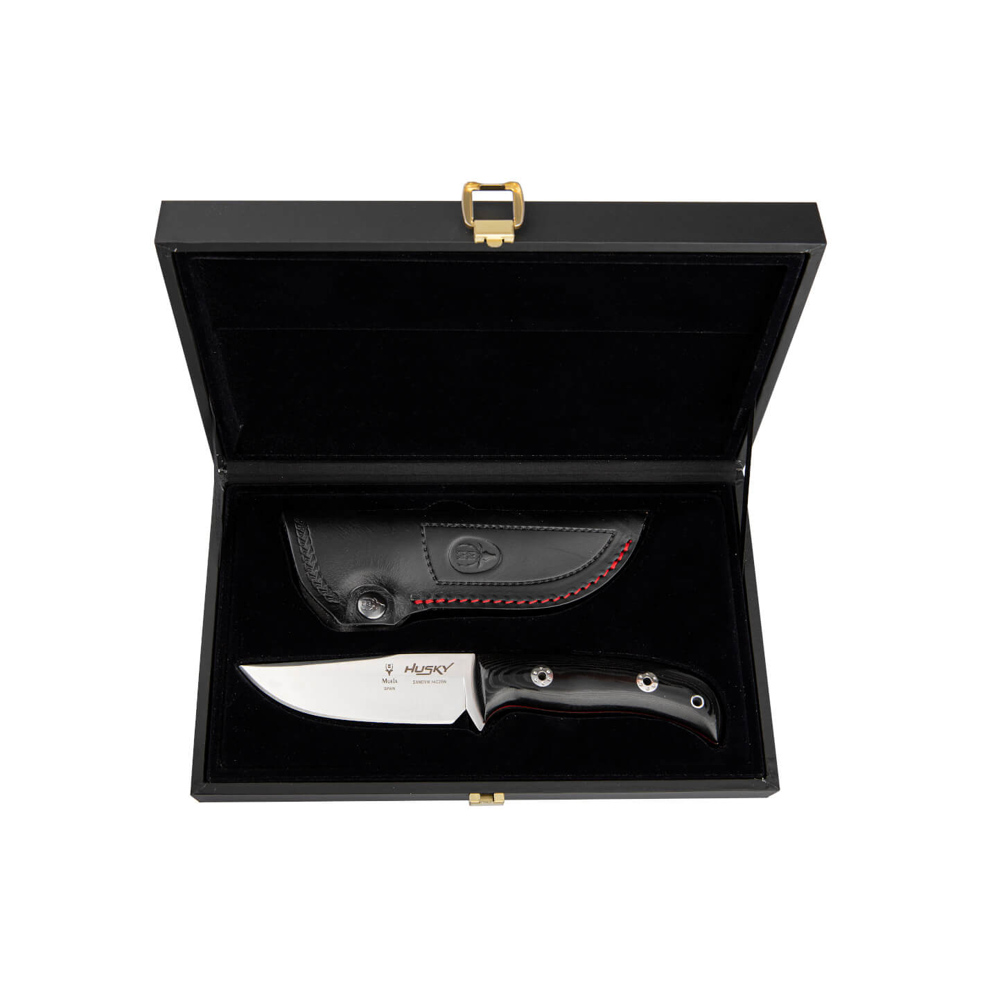 Muela Husky 11M.E knife with blue and black micarta canvas handle and presentation case