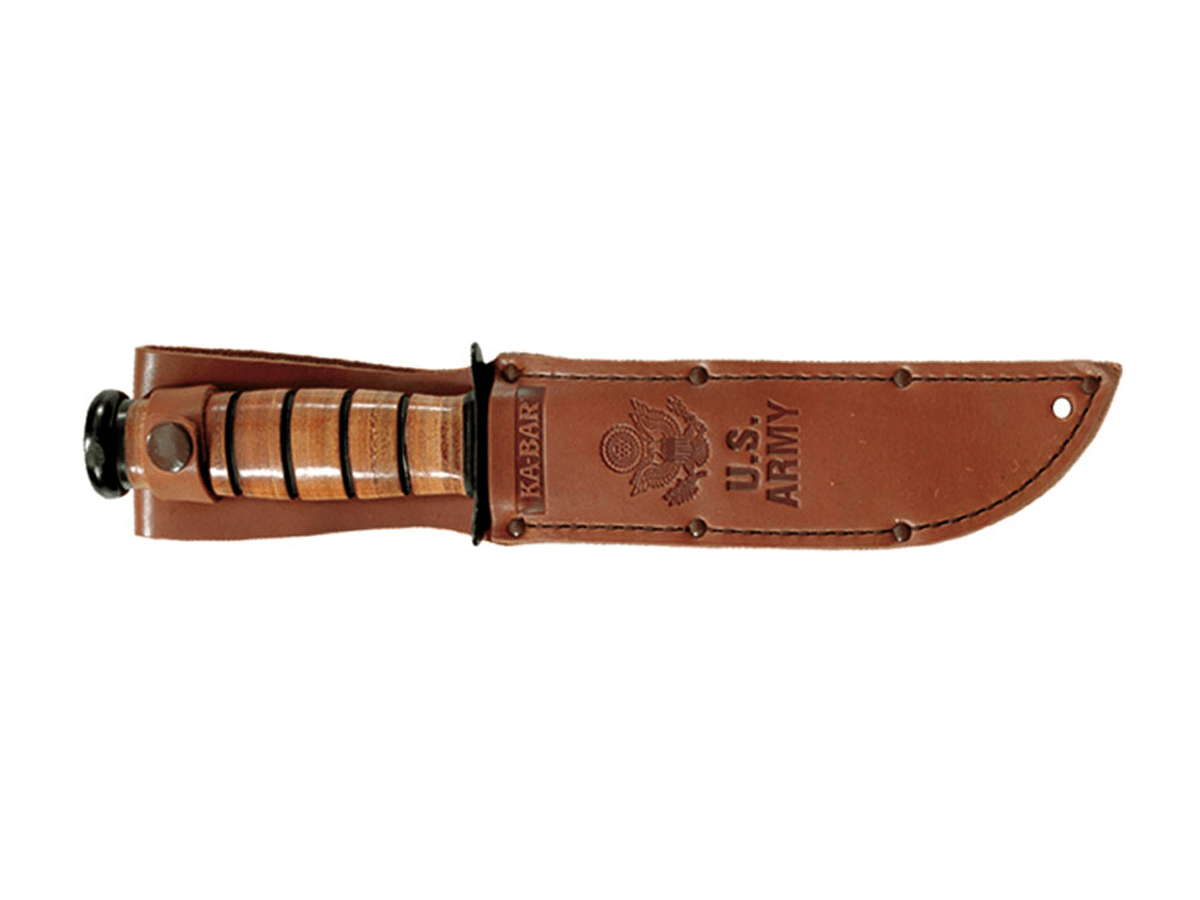 Cuchillo Ka-Bar 1219 Ejército Estados Unidos - Hoja parcialmente dentada y funda de cuero.