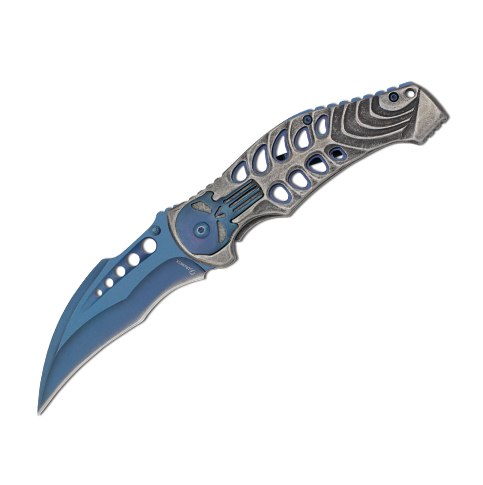 Couteau de poche courbé avec lame bleue de 9 cm et tête de mort