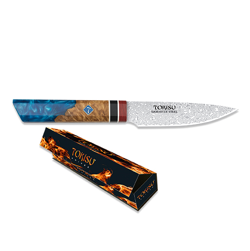 Faca de cozinha mesquinha com lâmina de aço Damasco de 4" e cabo Staypak azul e castanho