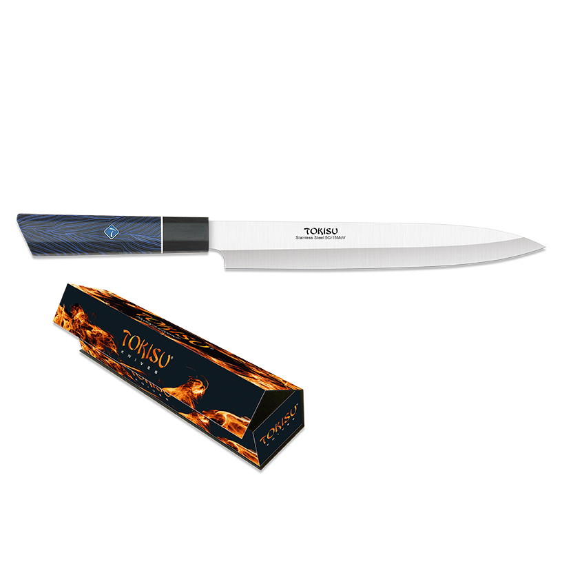 Yanagiba kitchen knife with 23 cm blade and blue and black G10 handle