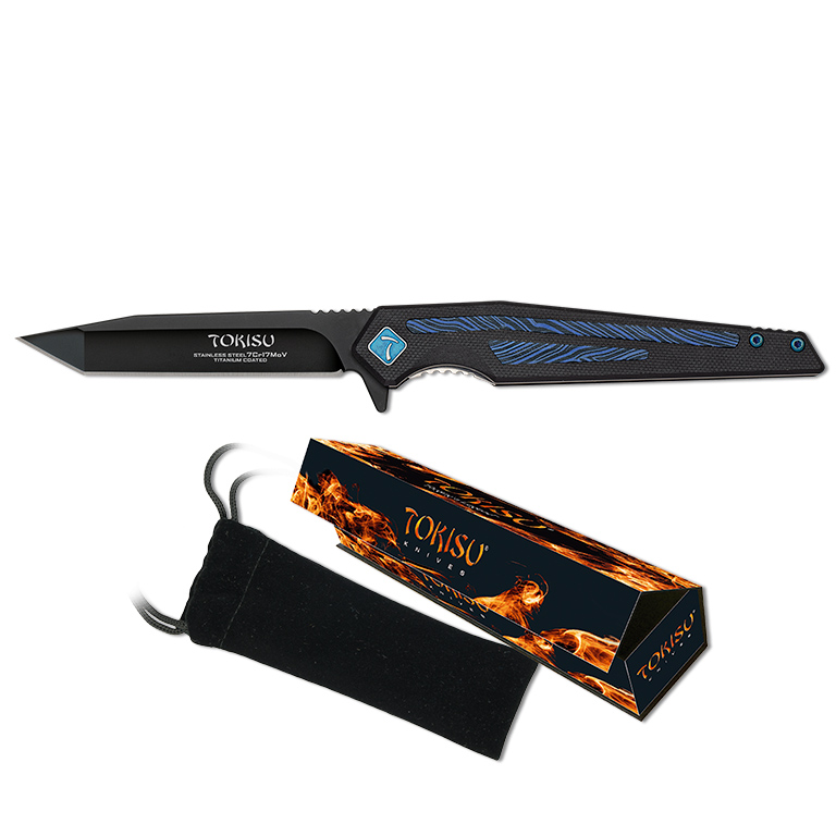 Couteau tactique Tokisu avec lame noire de 8,6 cm et manche damas G10