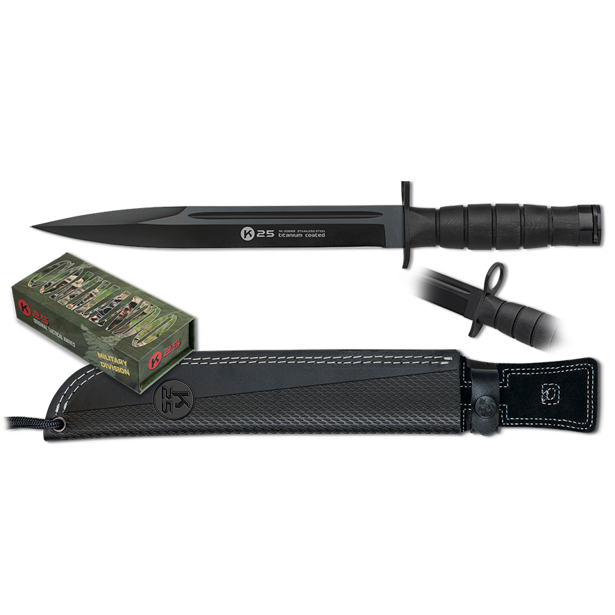 K25 tactical knife with 26 cm black blade and black G10 handle