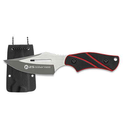 Coltello tattico K25 con lama da 7 cm e manico in G10 nero e rosso