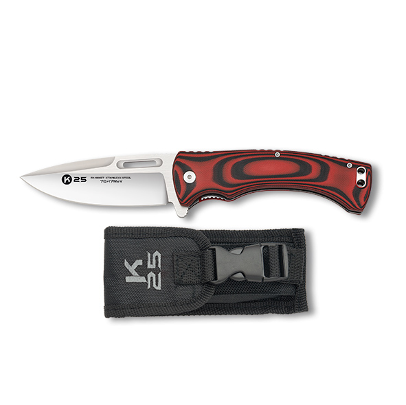 Faca tática K25 com lâmina de 9,8 cm e cabo G10 vermelho e preto