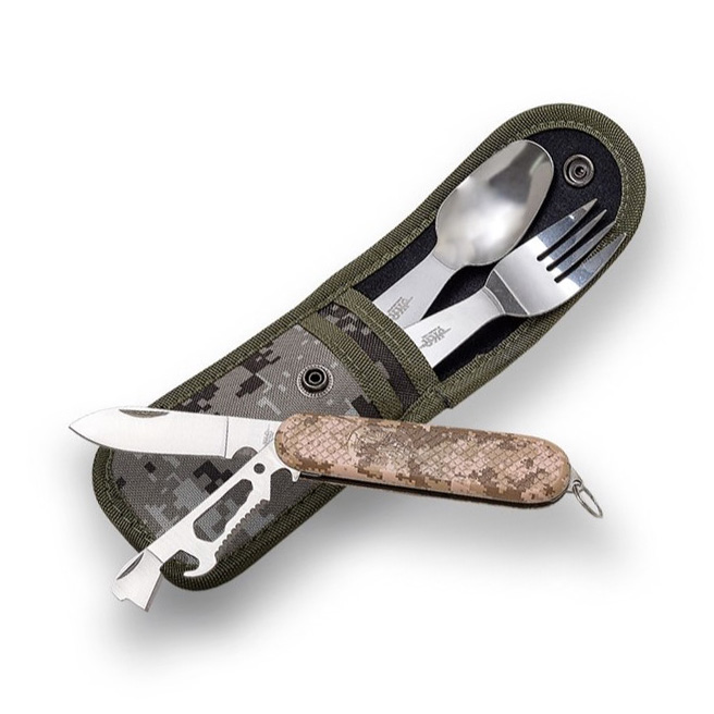 Camouflage Campingbesteck mit Löffel, Gabel und Multifunktionsmes...