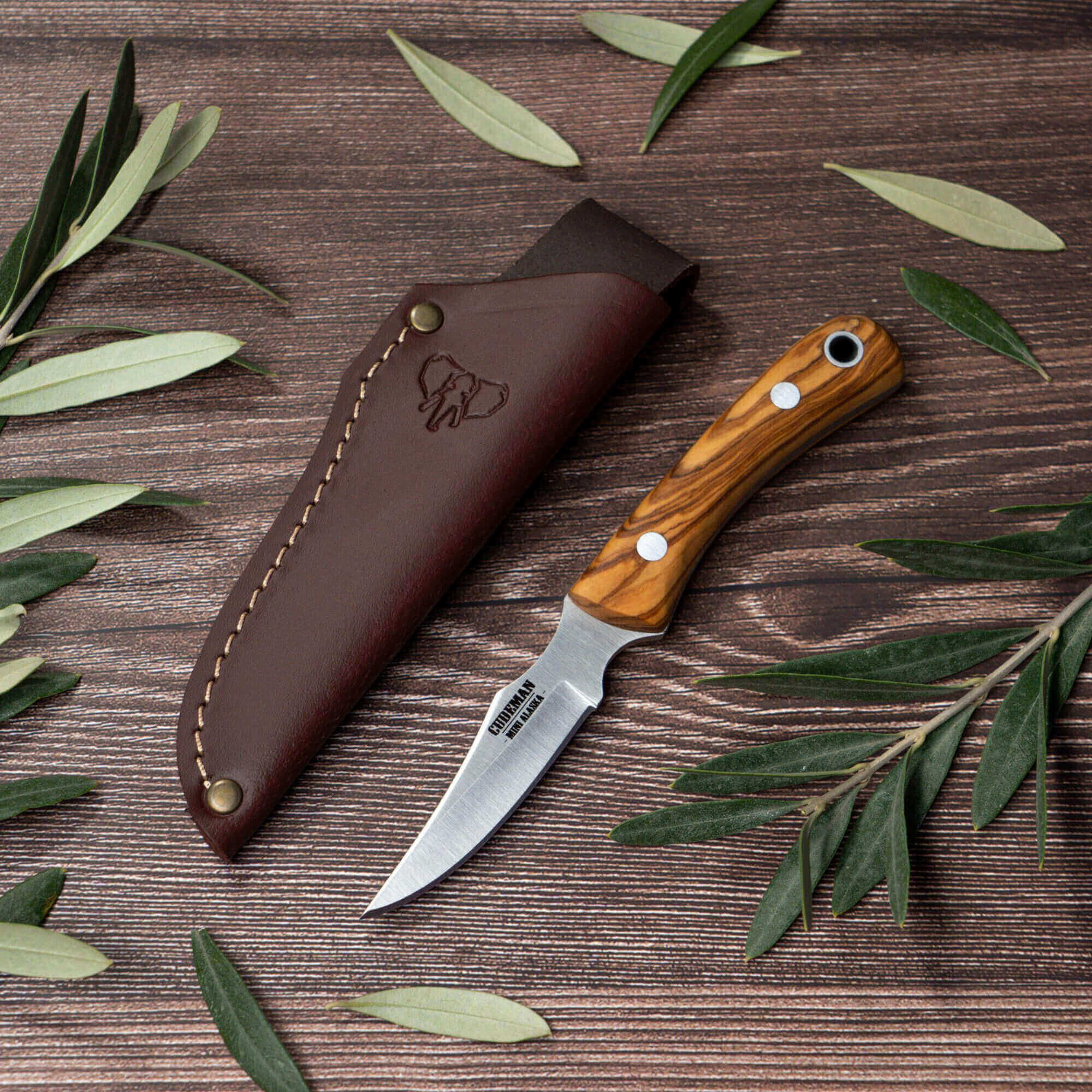 Coltello Cudeman Mini Alaska con manico in legno d'ulivo e fodero in pelle