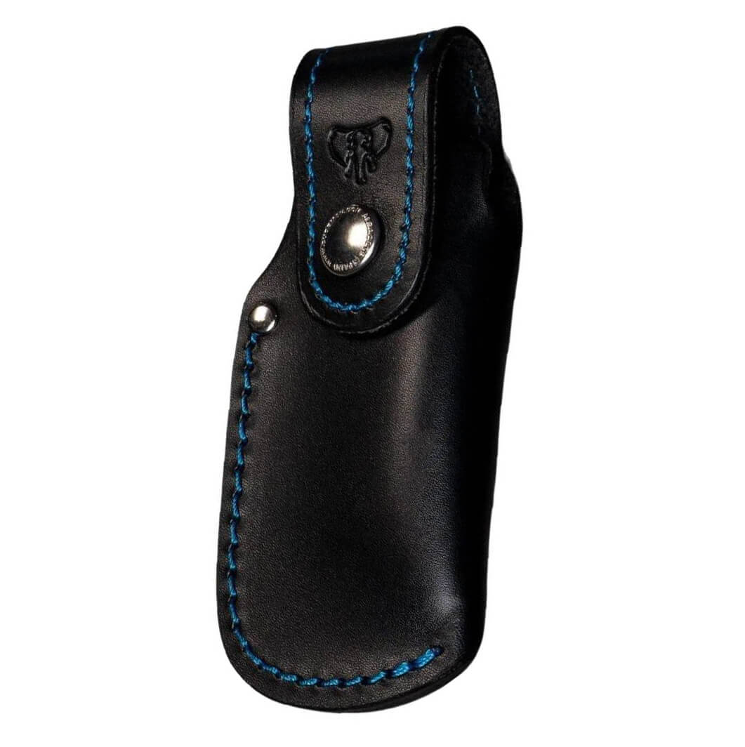 Etui à couteau Cudeman, cuir noir et bleu. 9 cm de long
