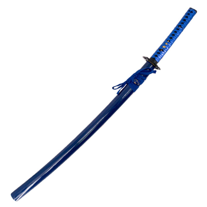 Katana funcional azul con caja de presentación y soporte