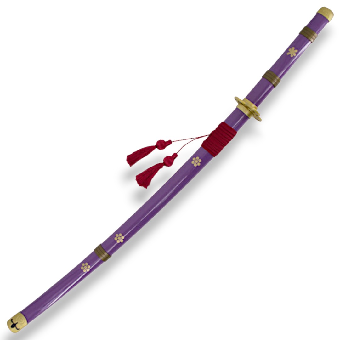 Katana funcional Enma da Zoro de One Piece lilás com detalhes dourados
