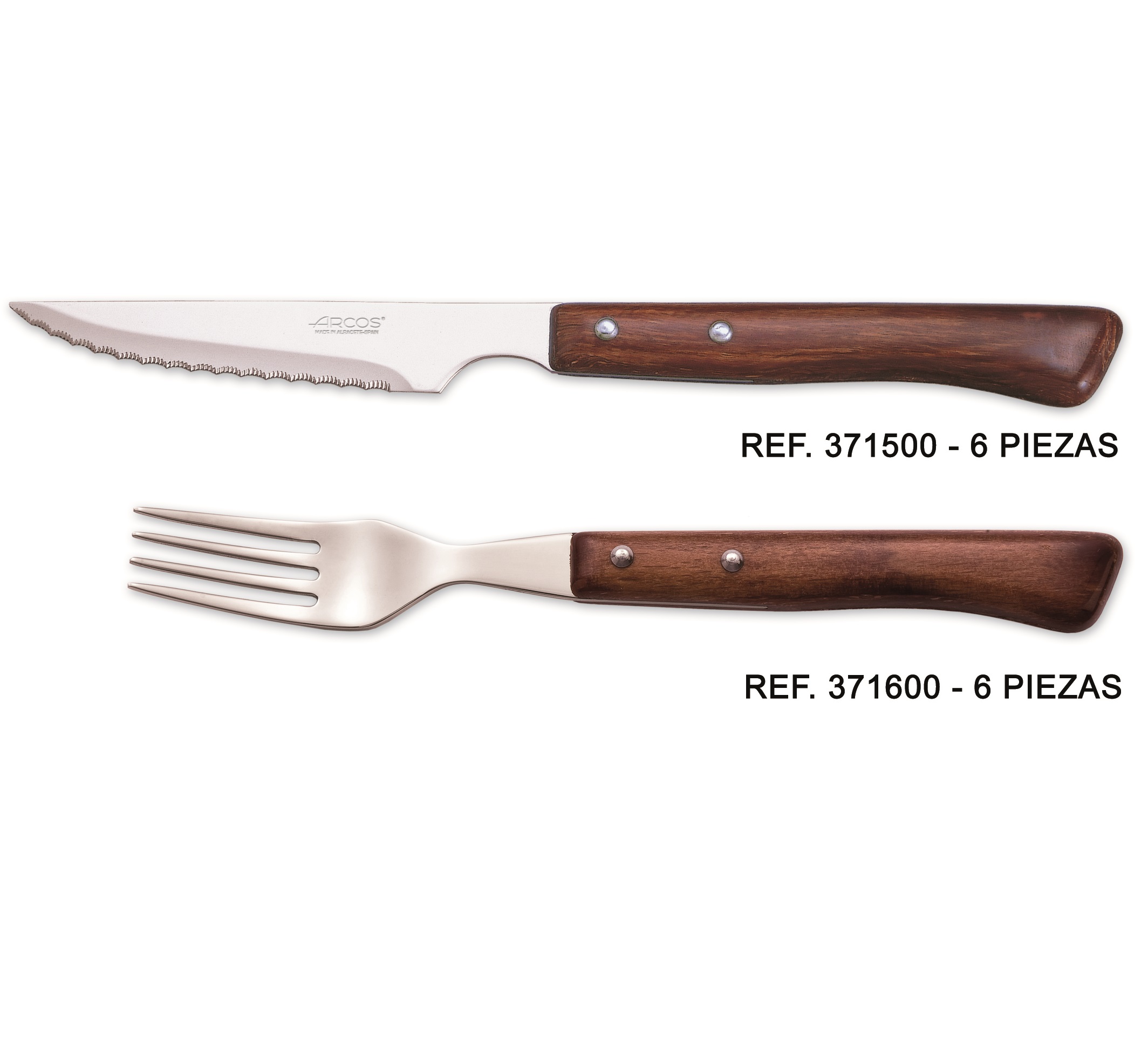 Set of 6 steak knives and 6 Arcos forks with wooden handles