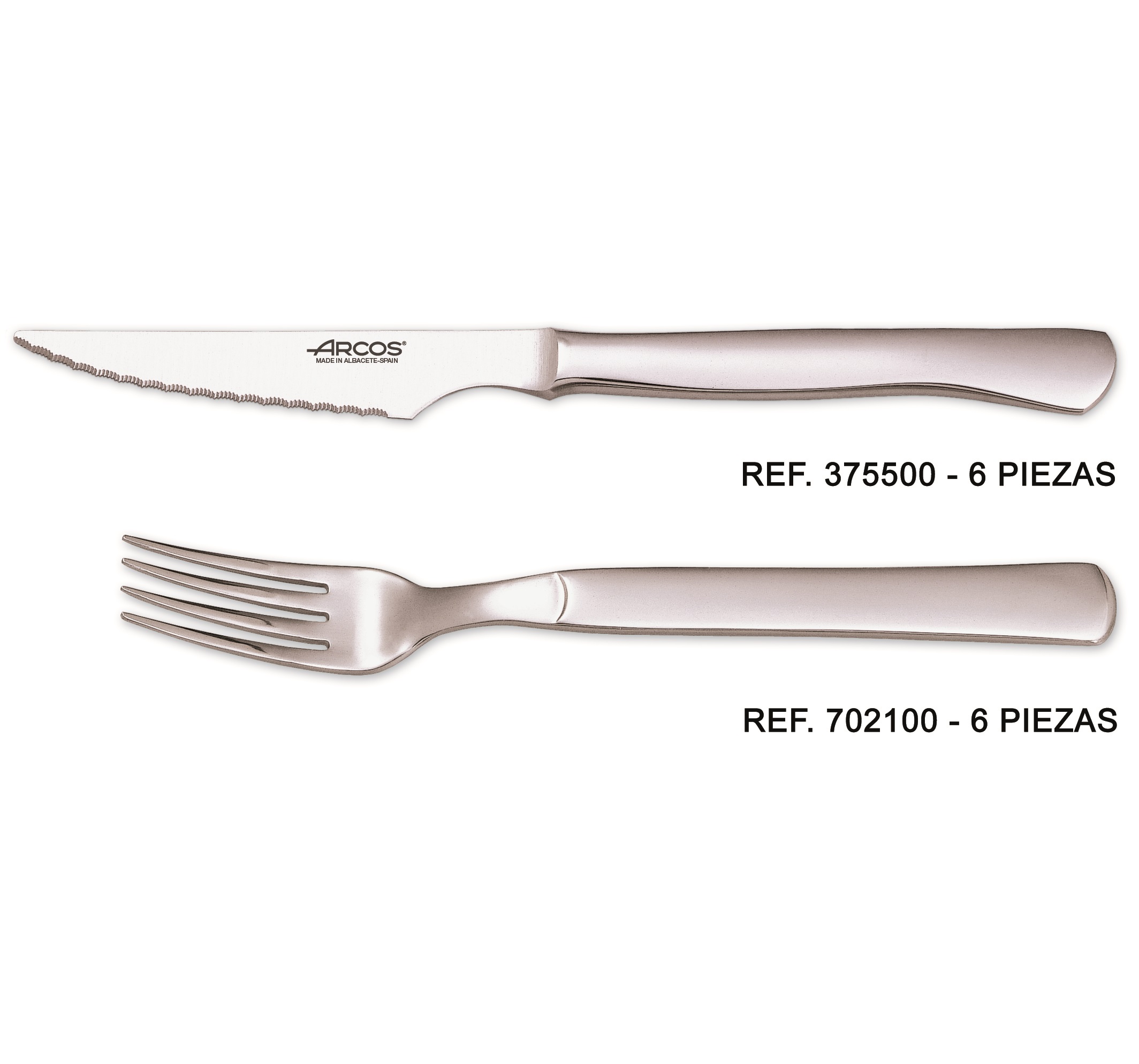 Set of 6 steak knives and 6 Arcos forks with stainless steel handles