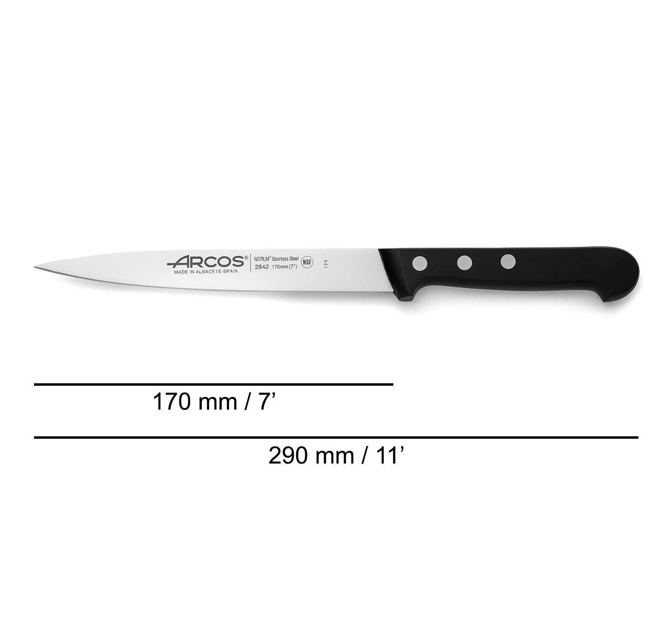 Arcos Universal-Sohlenmesser mit schwarzem Polyoxymethylen-Griff und schmaler 170 mm Klinge