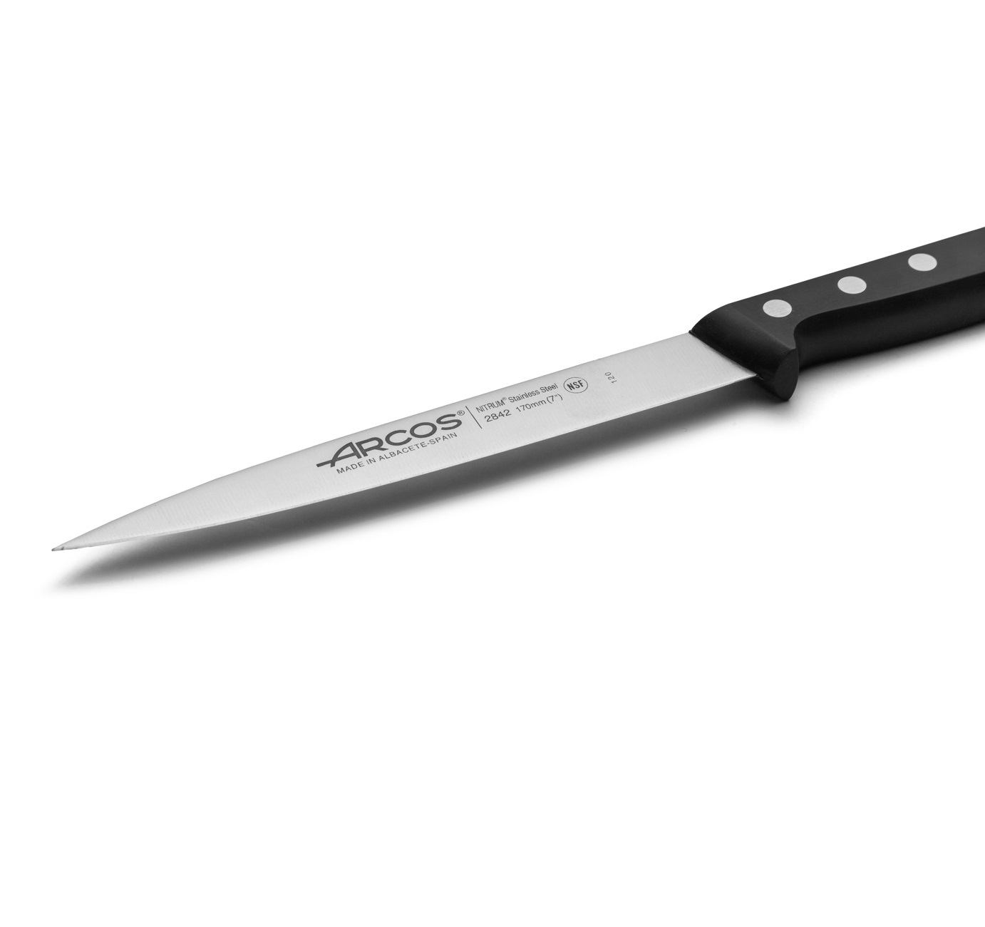 Arcos Universal-Sohlenmesser mit schwarzem Polyoxymethylen-Griff und schmaler 170 mm Klinge