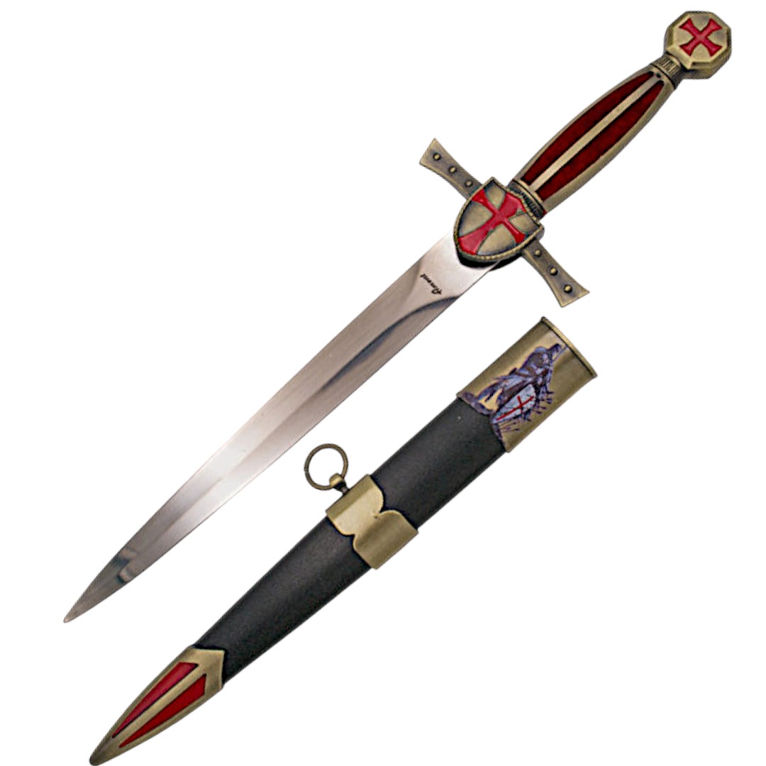 Pugnale templare con lama da 22 cm e manico rosso con pomello e g...