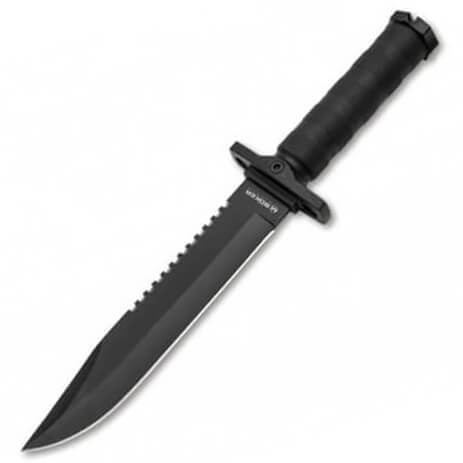 Survival knife with bowie blade and partially serrated edge