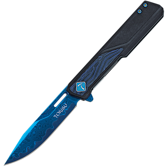 Tactical pocket knife with blue titanium coated Damascus steel bl...