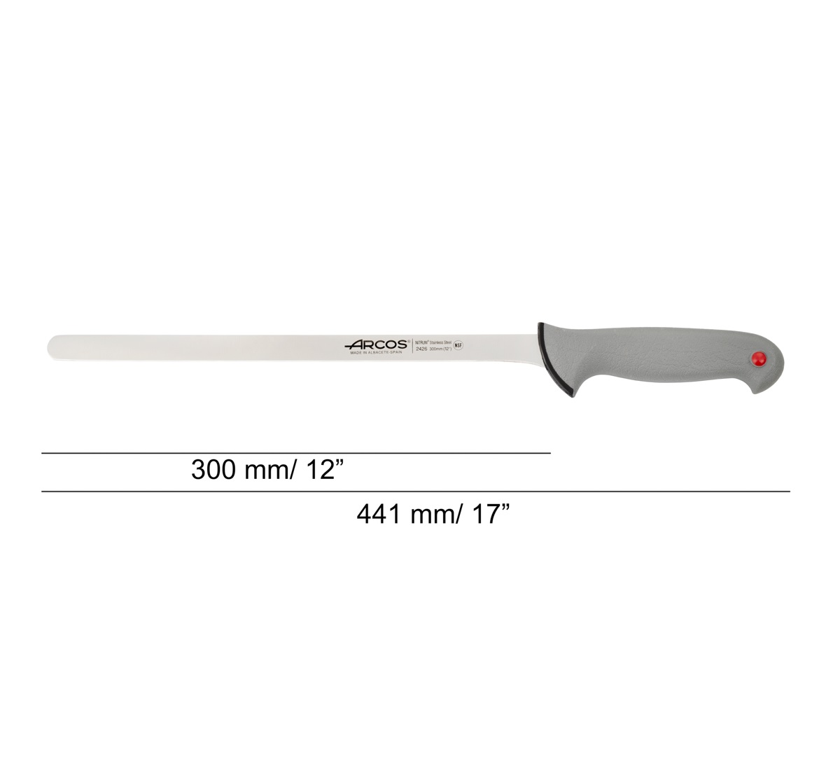 Arcos round-tip ham knife with a 30 cm blade and a grey double-injection handle