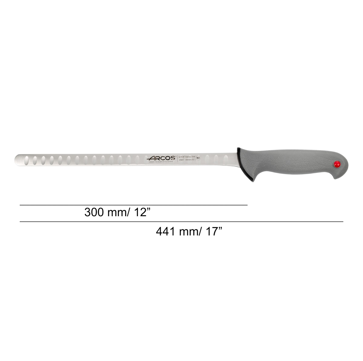 Arcos round-tip ham knife with a 30 cm hollow-edged blade, Colour prof, and a grey double-injection handle.