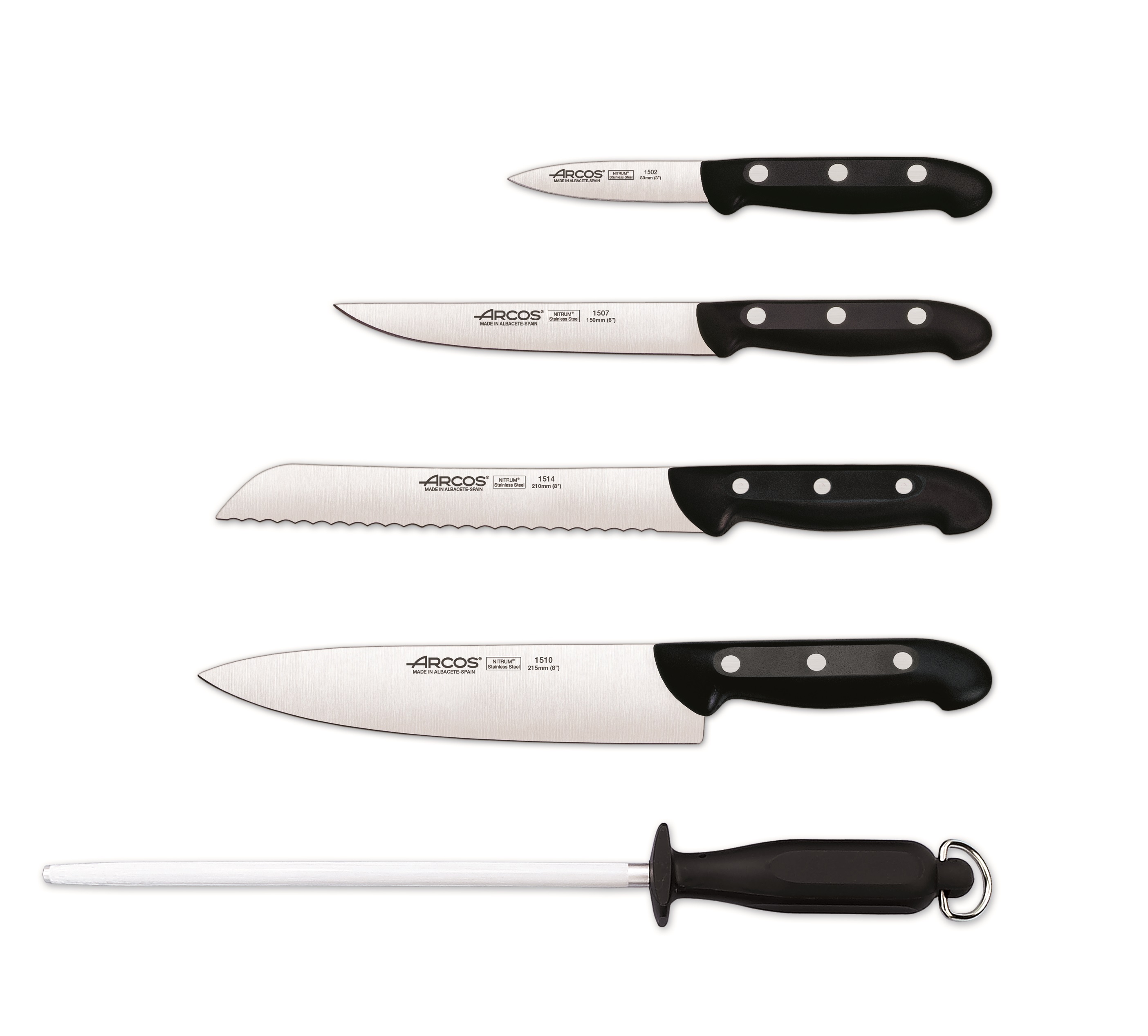 Ensemble de cuisine 5 pièces Arcos Maitre + bloc avec manche en polypropylène noir