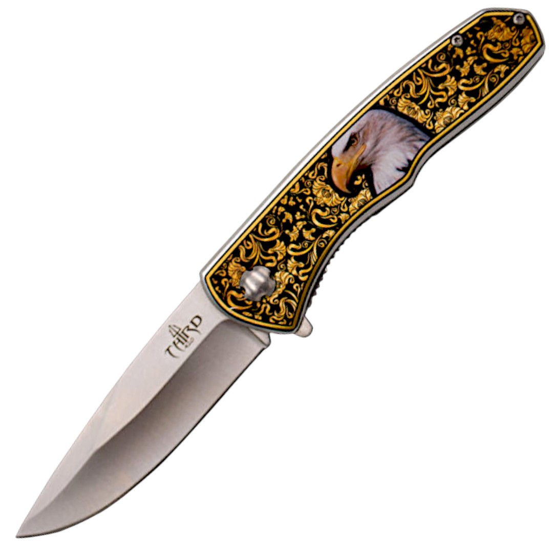 Assisted knife with 3D damascened handle with eagle