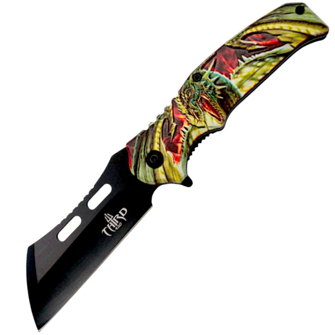 Assisted knife with green dragon 3D handle