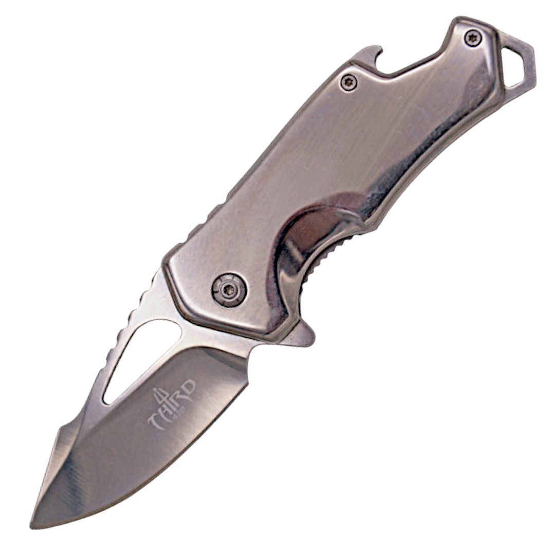 Assisted knife with bottle opener and chrome-plated finish