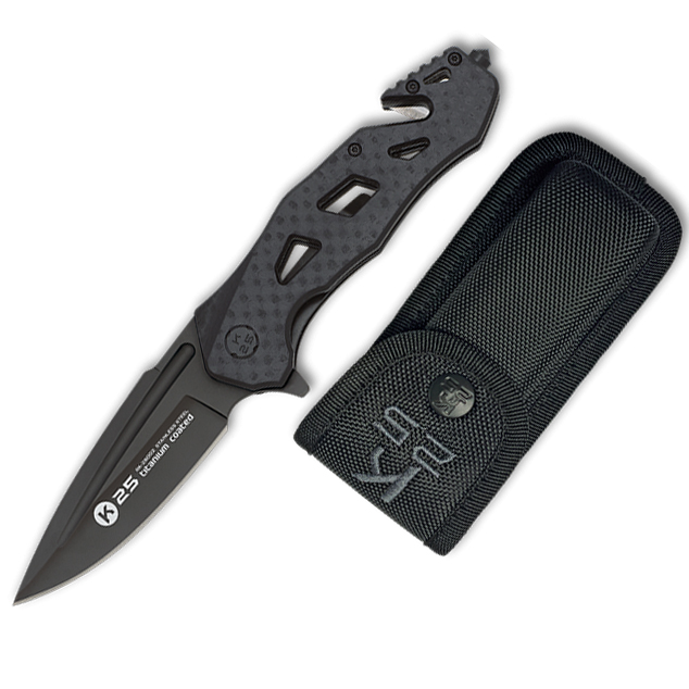 K25 tactical pocket knife with line lock and rear clip