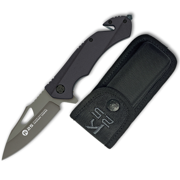 K25 tactical pocket knife with line lock and blade with wing