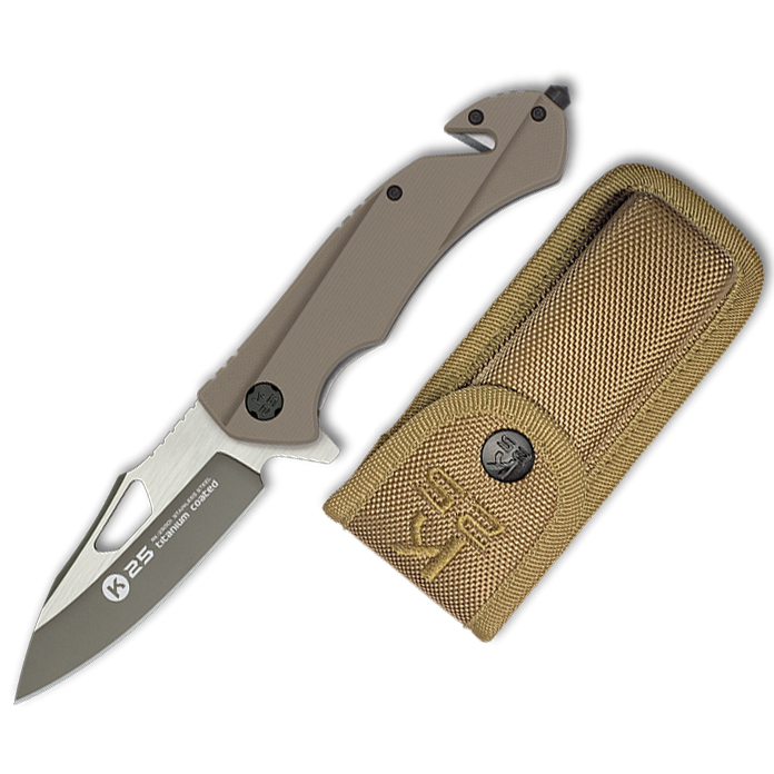K25 tactical pocket knife with belt cutter and glass breaker