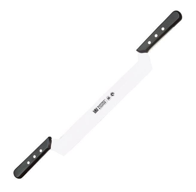 Two-handled angled cheese knife with a 31.5 cm blade and black po...