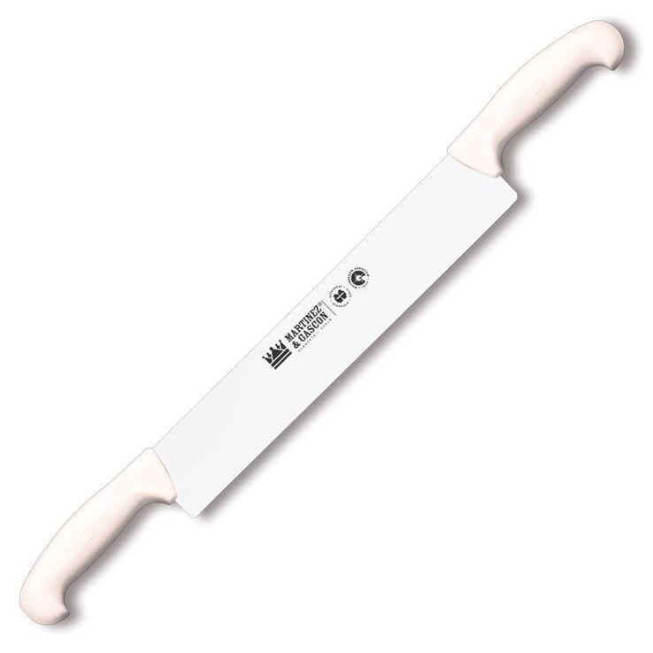 Two-handled cheese knife with a 32 cm blade and white polyoxymeth...